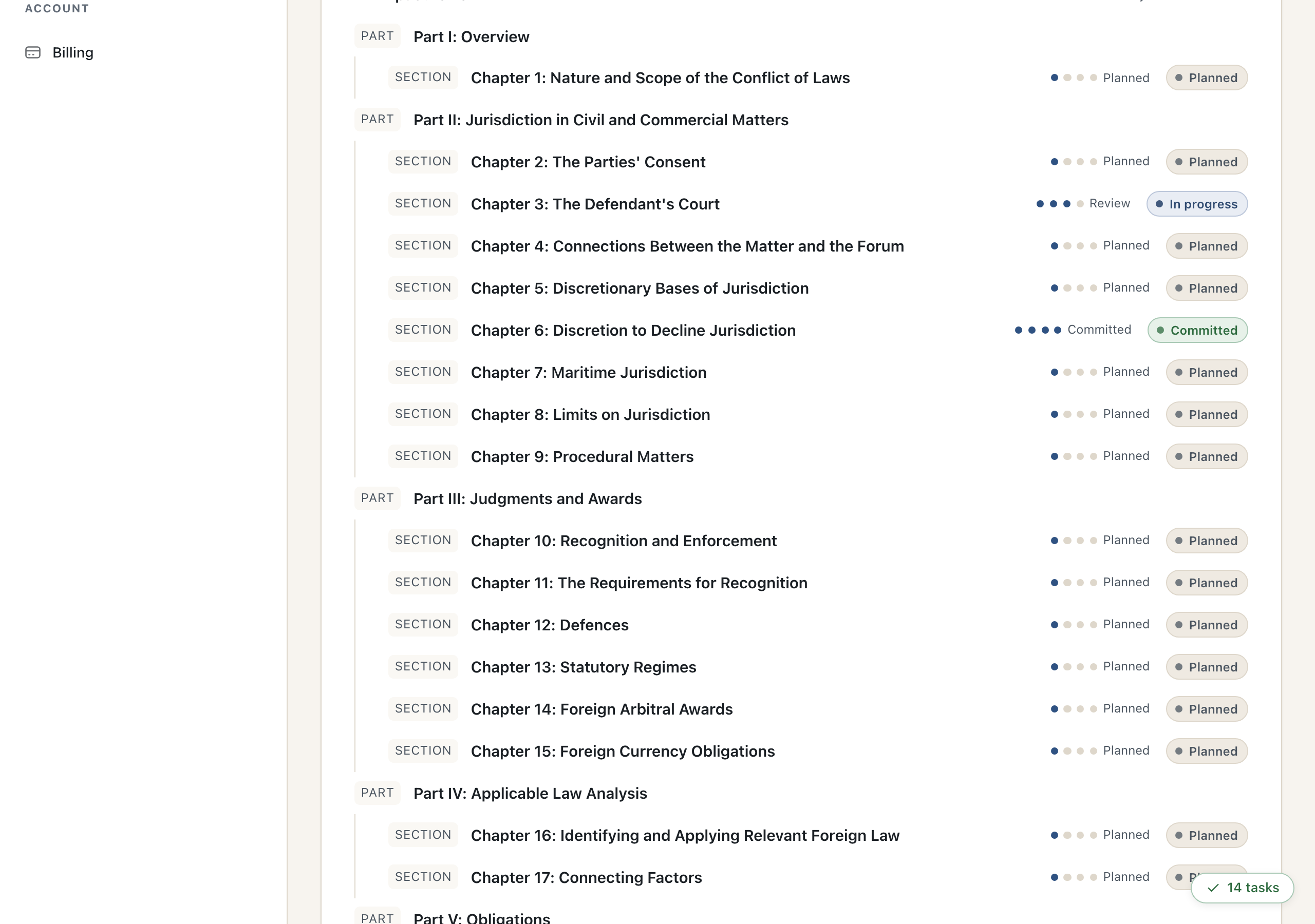 The outline workspace showing imported parts and chapters