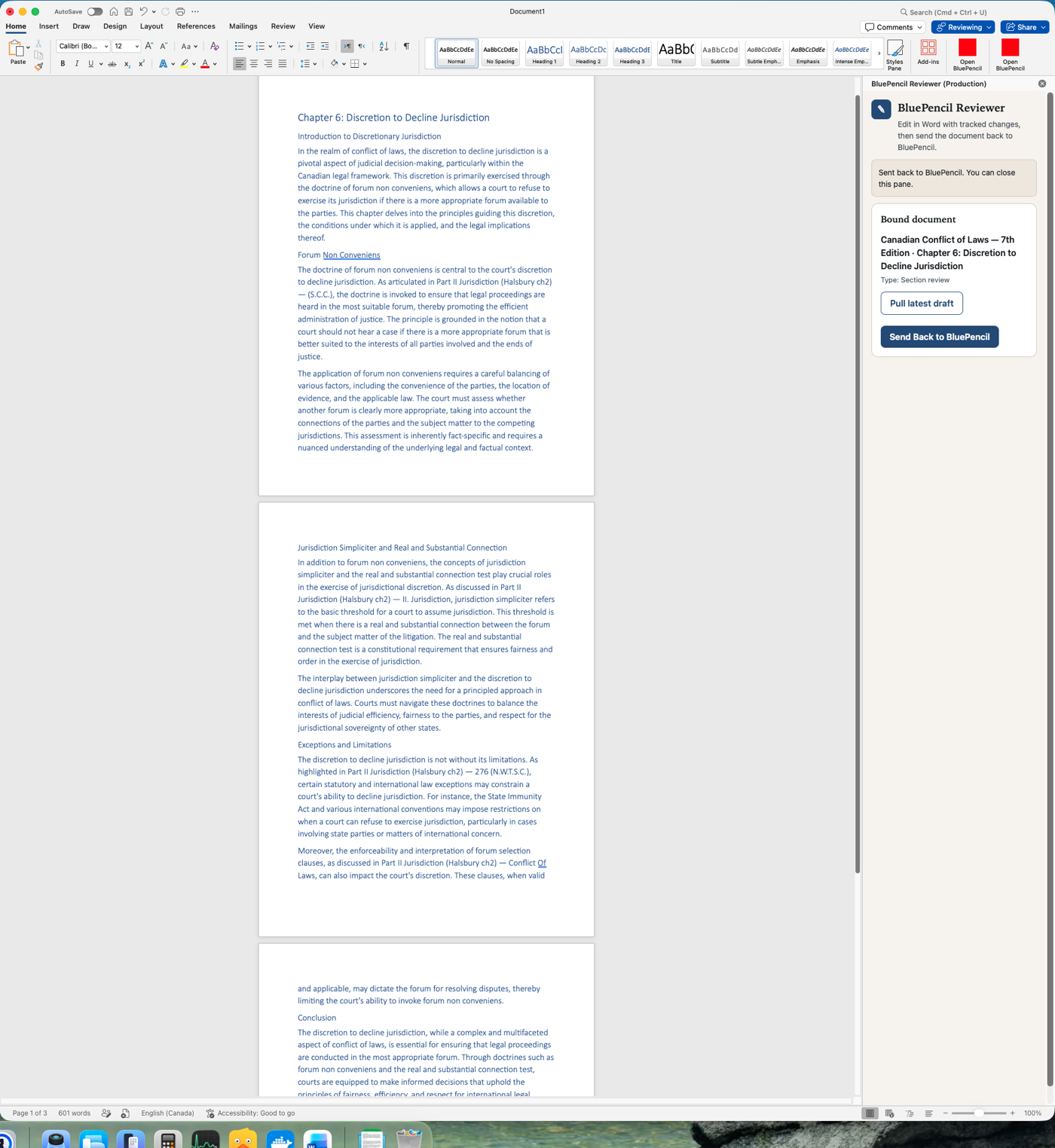 Microsoft Word with a drafted chapter open and the BluePencil Reviewer pane bound to it